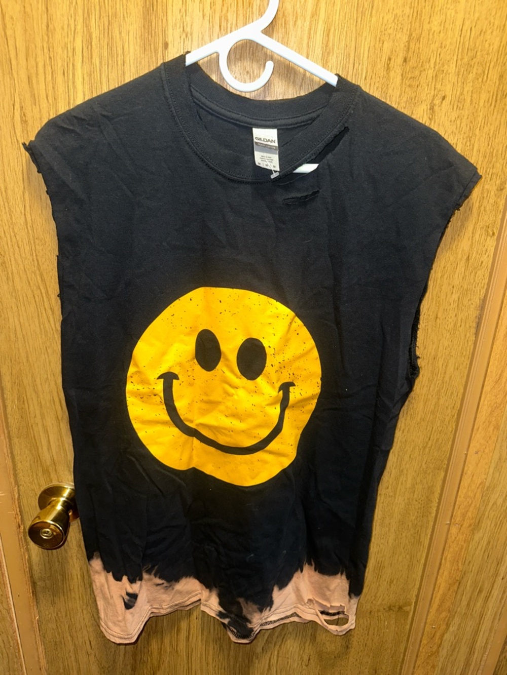 Custom Gildan Black Tee with Yellow Smiley Graphic and Bleached Hem